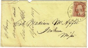 1859 Woodville, MI cancel on cover, 3c type I Scott 25