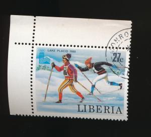 Liberia 1980 Scott 870 CTO - 27c, Lake Placid Olympics, skiing