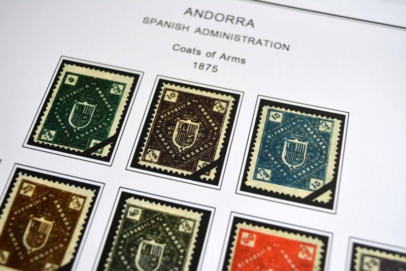 COLOR PRINTED ANDORRA [SPANISH] 1875-2020 STAMP ALBUM PAGES (66 illustr. pages)