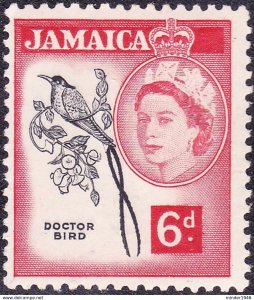 JAMAICA 1956 QEII 6d Black & Deep Rose-Red SG166 MH