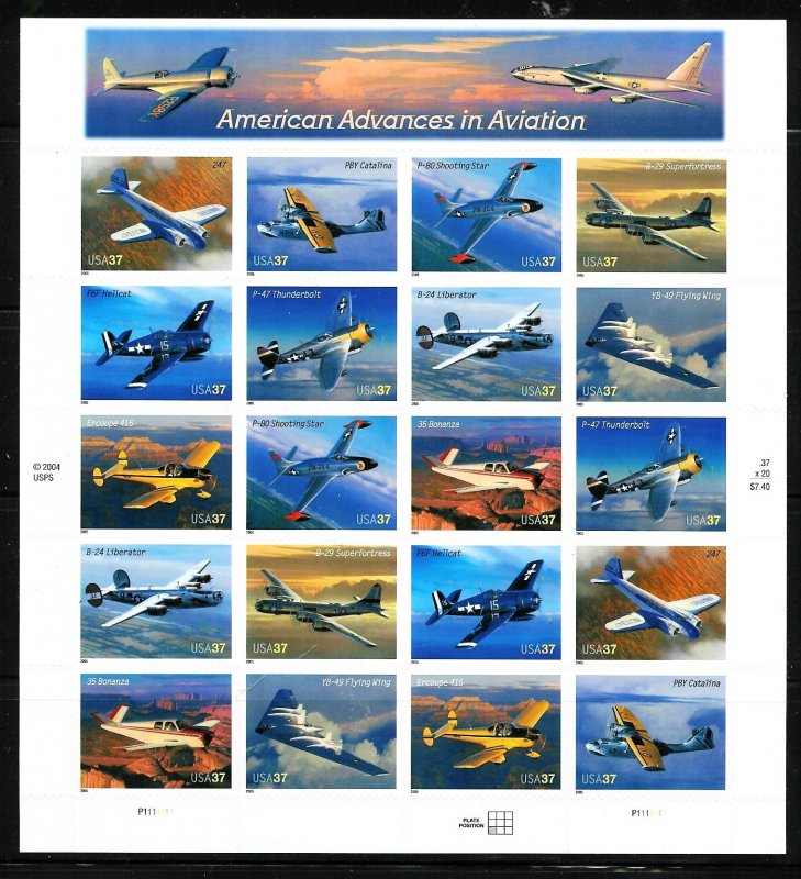 PCBstamps   US #3916/3925 Sheet $7.40(20x37c)Advances Aviation, MNH, (2)