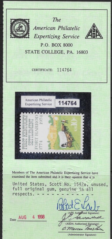 US 1974 Sc. #1542a VFNH black omitted, with normal for comparison, APS cert.