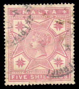 Malta #14 Cat$95, 1886 5sh rose, used, light crease