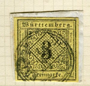 GERMANY WURTTEMBERG; 1851 early classic Imperf issue 3k. Postmark Piece