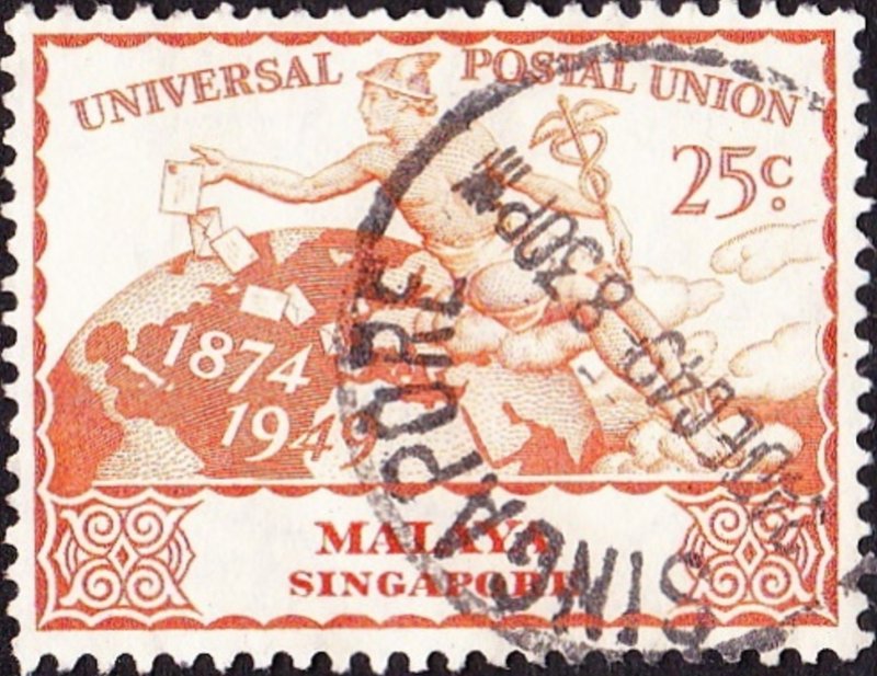 SINGAPORE 1949 25c Orange UPU SG35 Used