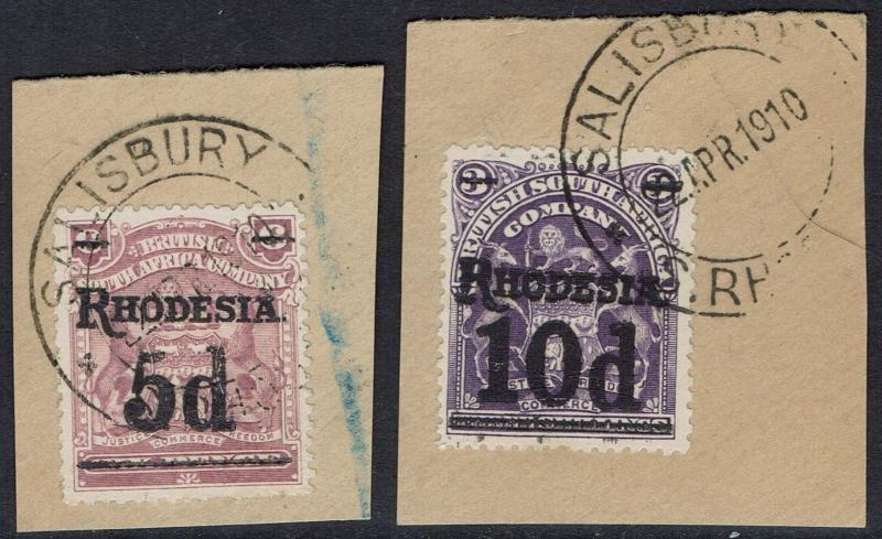 RHODESIA 1909 ARMS SURCHARGE 10D ON 3/- AND 5D ON 6D USED ON PIECE 