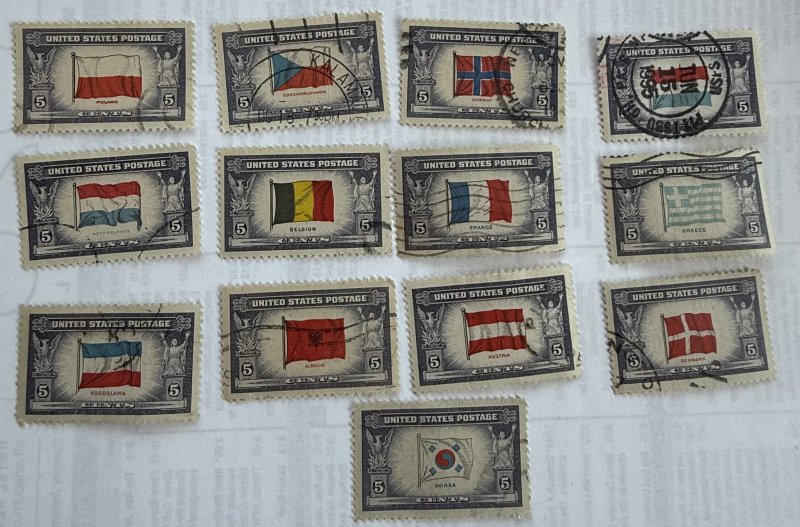 US 1943-4 5c Overrun Countries #909-21 used 13 single stamps