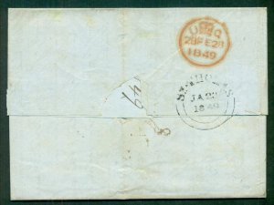 DWI 1849, Stampless to London, St Thomas double semi-circle cxl & red arrival VF