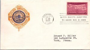 FDC 1939 SC #858 Ross Engraving Cachet - Bismarck, N Dak - Single - F71610