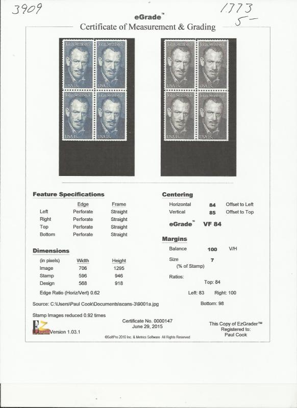 # 1773 MINT NEVER HINGED JOHN STEINBECK VF+