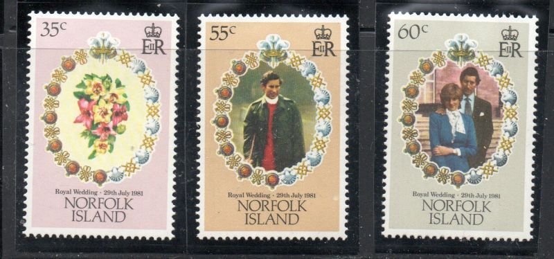 Norfolk Island Sc 280-82 1981 Royal Wedding Prince Charles stamp set mint NH