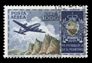 San Marino #C91 Cat$100, 1954 1000L dark blue and brown, used