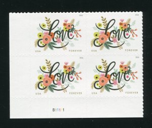 5255 Love Flowers Plate Block of 4 Forever Stamps MNH 2018