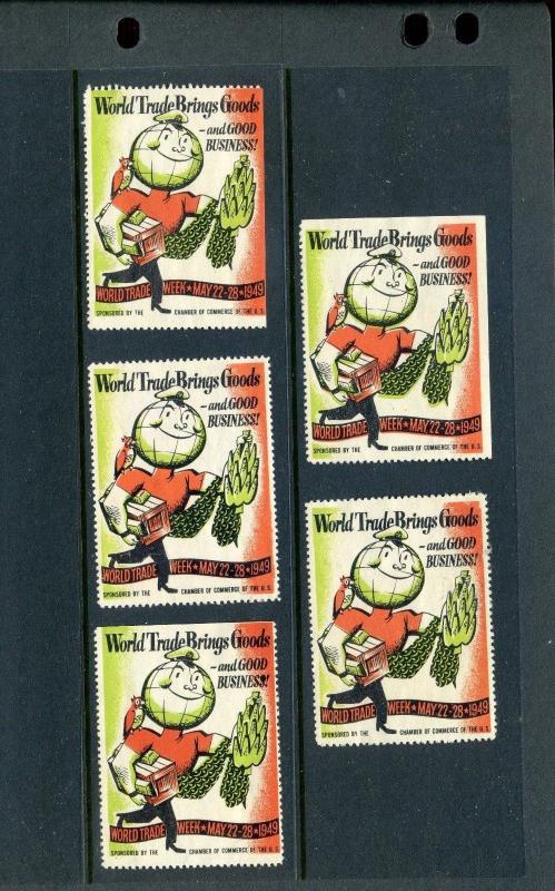 5 VINTAGE 1949 WORLD TRADE WEEK EXPO POSTER STAMPS (L948) CHAMBER OF COMMERCE 