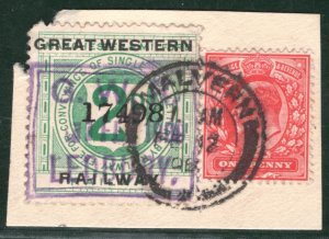 GB RAILWAY GWR Letter Stamp 2d Herefords LEDBURY Malvern CDS 1d Red Piece LIME24