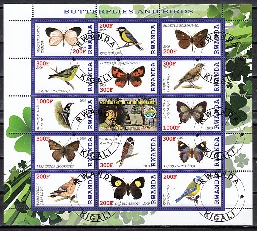 Rwanda, 2009 Cinderella issue. Butterflies & Birds sheet. Scout Label. C.T.O.