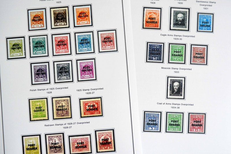 COLOR PRINTED DANZIG / GDANSK 1920-1939 STAMP ALBUM PAGES (45 illustrated pages)