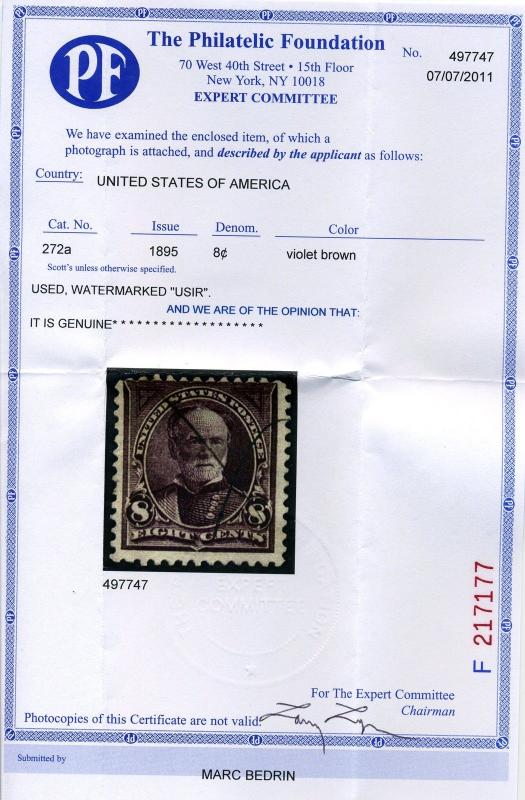 Scott 272a 'USIR' Watermark Used ERROR Stamp with PF Cert (Stock 272-23)