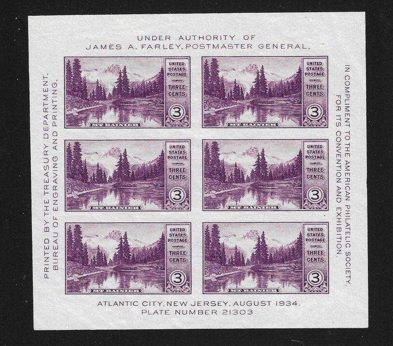 Scott 750   Farley Mt Rainier Souvenir Sheet  (1934) - MNH