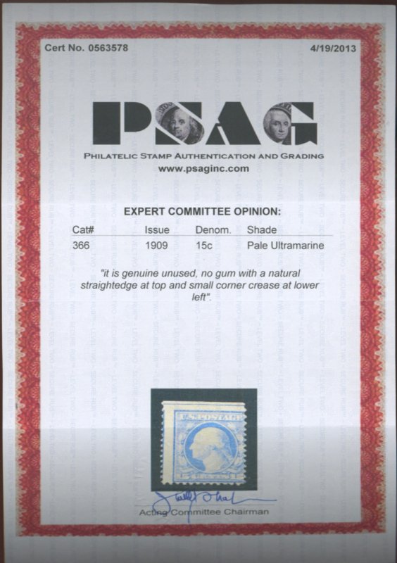 U.S. #366 MINT WITH PSAG CERT