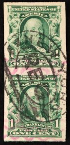 U.S. Used Stamp Scott #314 1c Franklin Pair, Superb. Lovely NY Cancel. Gem!
