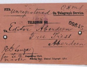 INDIA QV Official Cover *TELEGRAPH SERVICE* Bombay 1902 Scotland Aberdeen PJ259