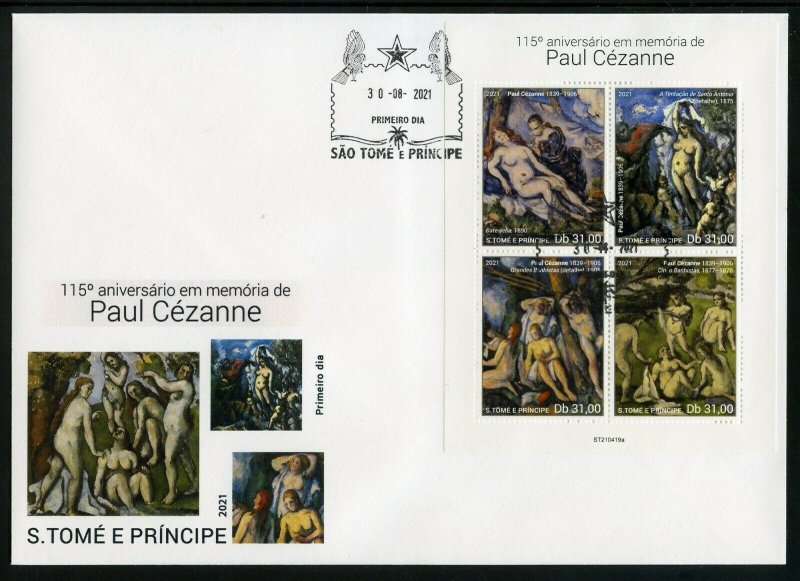 SAO TOME 2021 115th MEMORIAL OF PAUL CEZANNE PAINTINGS SHEET FIRST DAY COVER