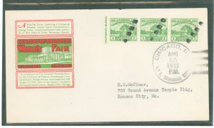 US 730a 1933 1c Century Of Progress, strip of 3 from the imperf souvenir sheet, on an addressed, typed FDC with an Ioor Cachet