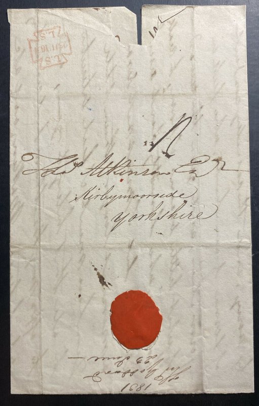 1831 England Letter Sheet Cover To Yorkshire Red Wax Seal