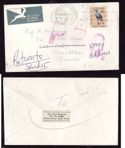 Canada-cover #8201-1972 South Africa airmail-Canada-Return to Sender-H/S P.T.O