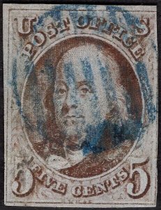 US #1 variety Very Fine Used. Blue cancel. Light creases. Scarce Mower shift!