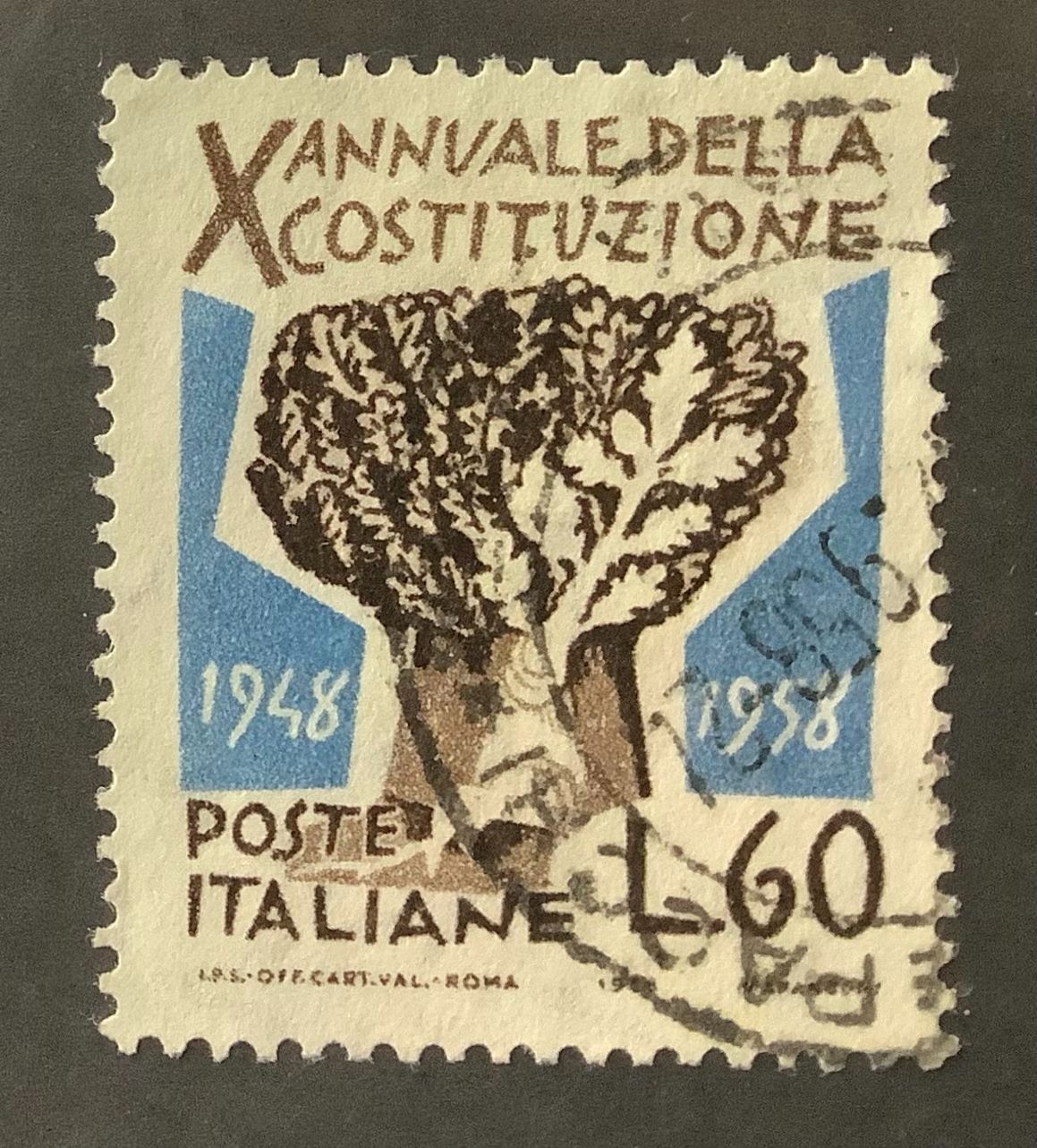 Italy 1958 Scott 742 used - 60 l, 10th Anniversary of the Constitution 