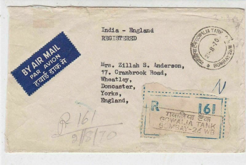 India 1970 Registered Airmail Bombay Cancels Multiple Stamps Cover Ref 33569