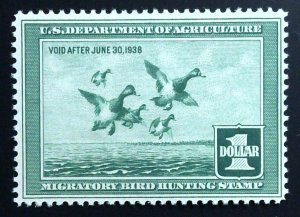 Scott #RW4 - F - $1 Light Green - Scaup Ducks Taking to Flight - MNH - 1937