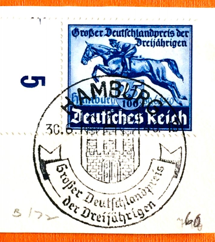 GERMANY 1940 BLUE RIBBON HORSE RACE HAMBURG Margin Plate 5 with full canx G3036