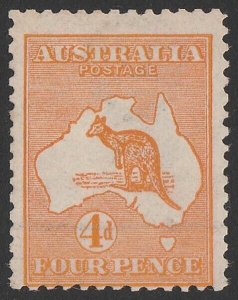 AUSTRALIA 1913 Kangaroo 4d Aniline orange. ACSC 15B cat $1500. Rare shade.