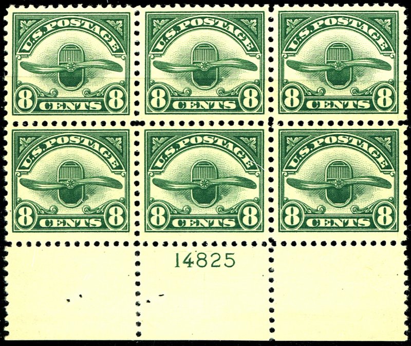 U.S. #C4 MINT PL# BLOCK OF 6 OG NH BUBBLES IN GUM PINHOLES