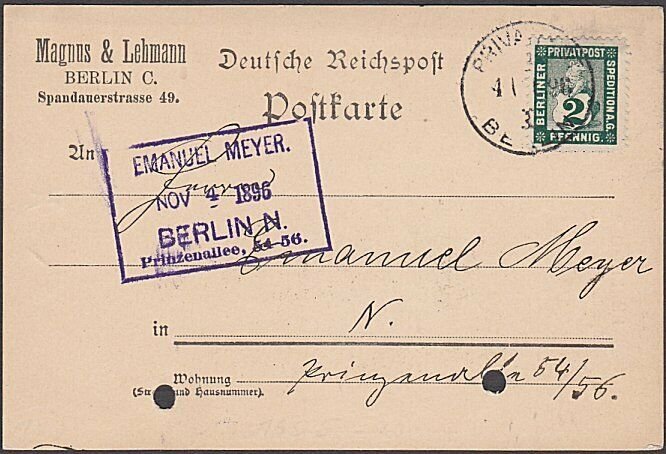 GERMANY BERLIN Private Post 1896 2pf on postcard used.......................B350