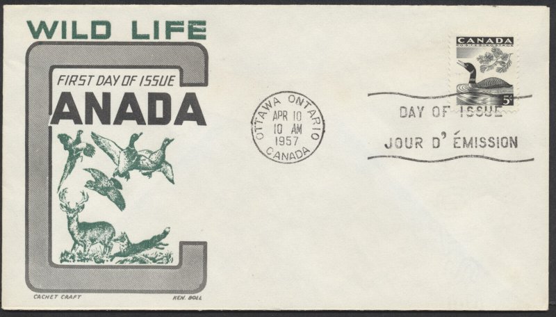 1957 #369 5c Loon Wildlife FDC Cachet Craft/Ken Boll Cachet Ottawa