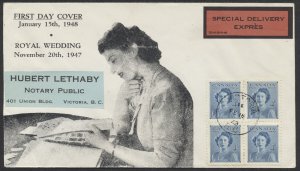 1948 #276 Royal Wedding FDC, Block, Price & Co Cachet, Victoria BC CDS