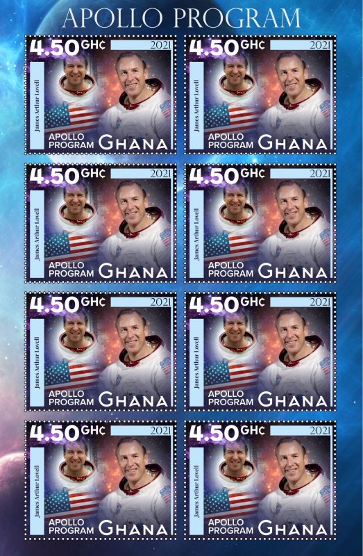 Stamps. Space Apollo Ghana 2022 year 6 sheet perforated