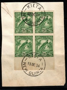 NEW GUINEA SG193a 1934 2½d GREEN BLOCK OF 4 FINE USED ON PIECE