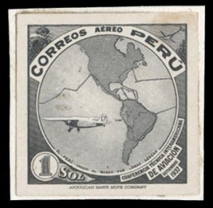 Peru #C48, 1937 1s black, proof of card, faint stain