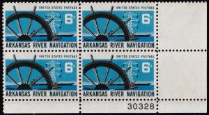 US 1358 Arkansas River Navigation 6c plate block LR 30328 (4 stamps) MNH 1968