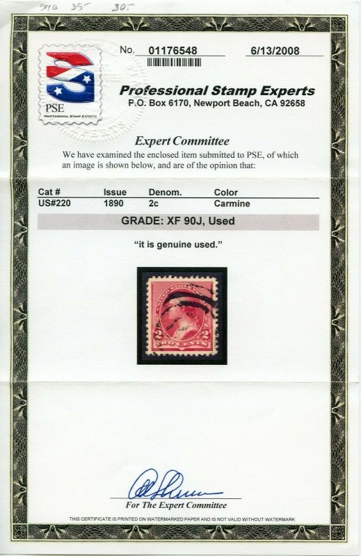 US SCOTT #220, Used-XF Graded 90J PSE Certificate SMQ $70 (DFP 1/18/20)