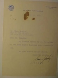 US  AUTOGRAPH LOS ANGELES MAYOR SAM YORTY LETTER NO COVER