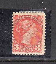 Canada-Sc#37-Unused 3c orange red small queen-og-hinge remnant-1873-Cdn172-penci