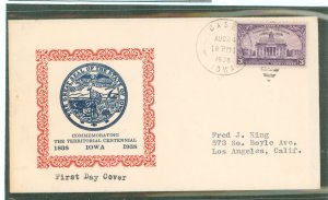 US 838 (1938) 3c Iowa Territory Centennial(single) on an addressed(typed)first day cover with an unofficial casey duplex cancel