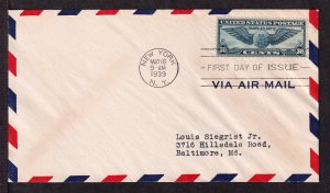 1939 Airmail 30c blue FDC Sc C24 Trans-Atlantic winged globe (T3