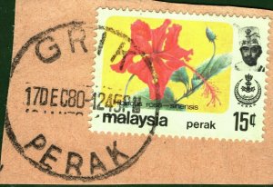 MALAYSIA Stamp 15c Perak *GRIK* CDS Postmark 1980 Malaya Piece FLOWERS GRBLUE100